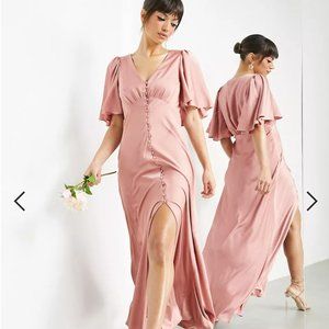 ASOS blush pink satin maxi dress with button front